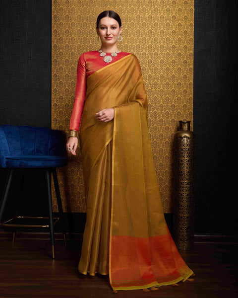 Gold Elegant Woven Design Linen Blend Saree with Zari Border ClothsVilla Main image
