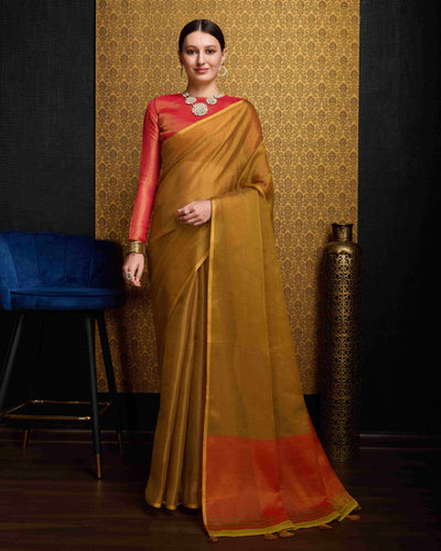 Gold Elegant Woven Design Linen Blend Saree with Zari Border ClothsVilla