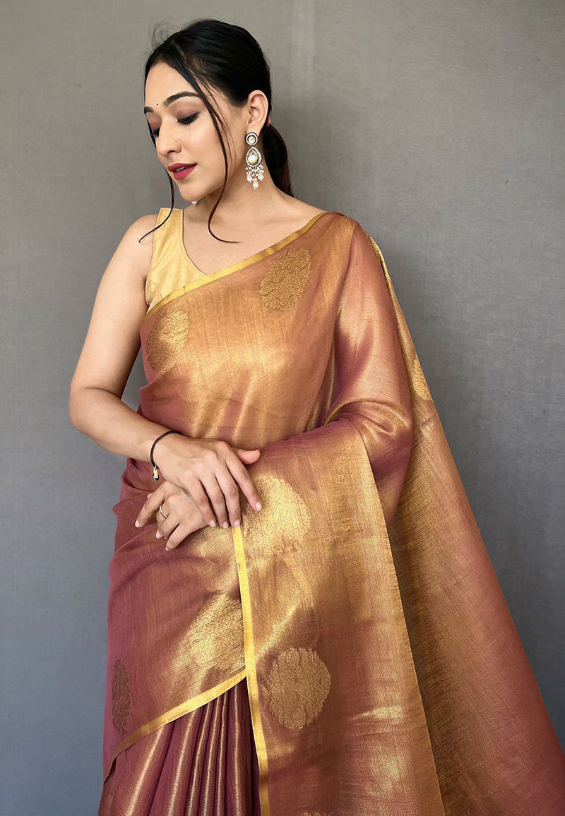 Gold Elegant Woven Tissue Silk Saree with Gold Accents & Unstitched Blouse Piece – Party & Festive Wear Secondary image