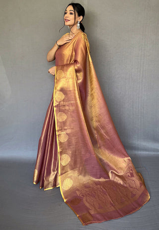 Gold Elegant Woven Tissue Silk Saree with Gold Accents & Unstitched Blouse Piece – Party & Festive Wear ClothsVilla