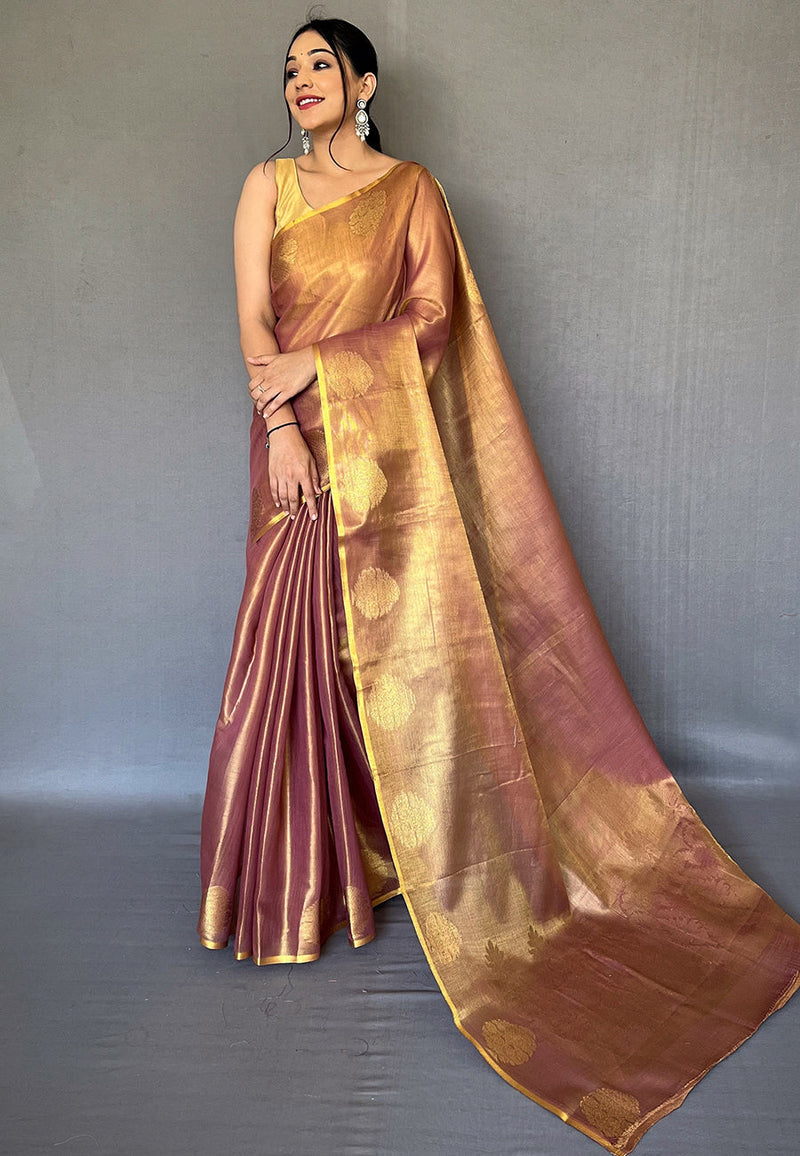 Gold Elegant Woven Tissue Silk Saree with Gold Accents & Unstitched Blouse Piece – Party & Festive Wear ClothsVilla