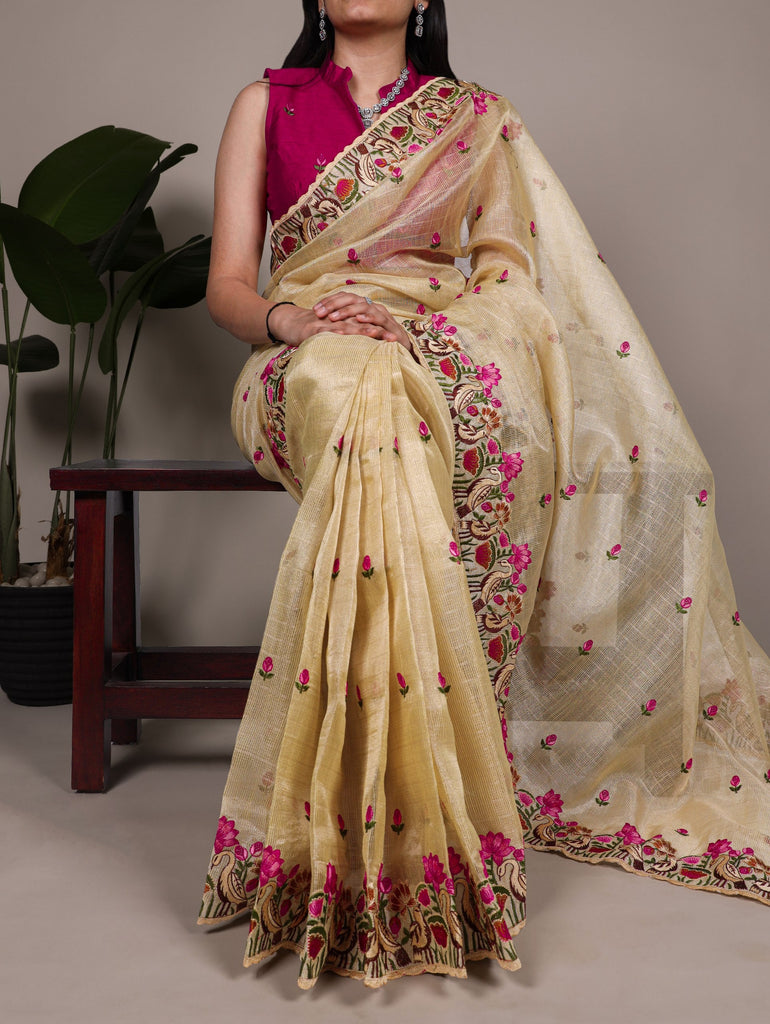 Gold Elegant Zari Kota Tissue Saree with Exquisite Thread Embroidery Work and Banglory Blouse Piece – Premium Ethnic Ensemble ClothsVilla