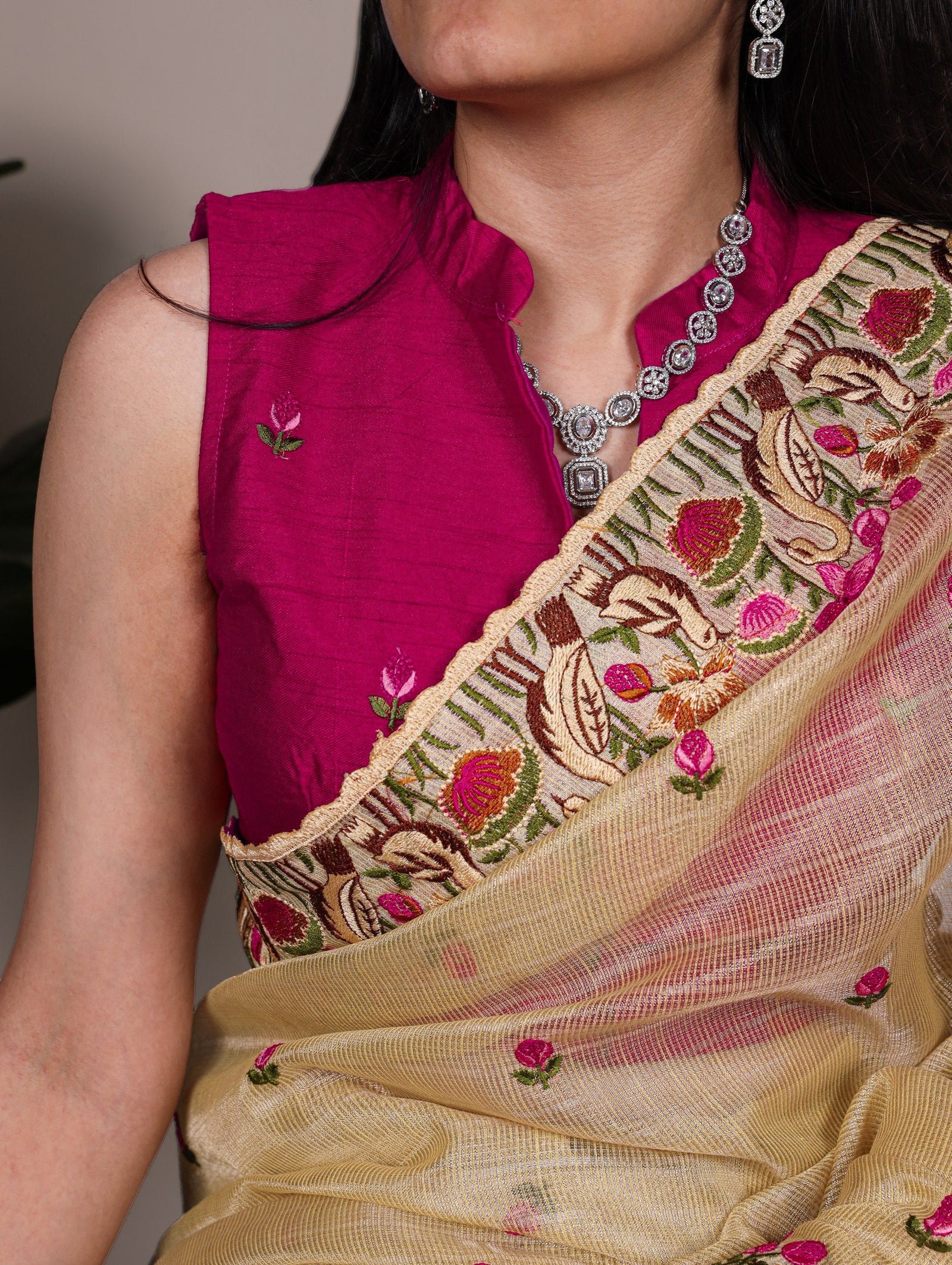 Gold Elegant Zari Kota Tissue Saree with Exquisite Thread Embroidery Work and Banglory Blouse Piece – Premium Ethnic Ensemble ClothsVilla