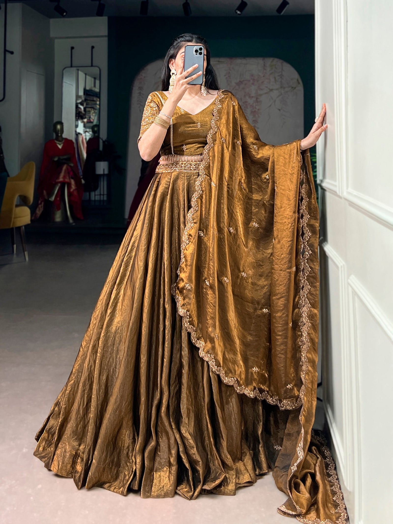 Gold Fendi Sequins Embroidered Lehenga Set ClothsVilla