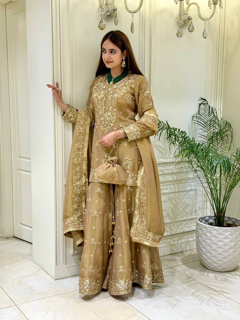 Gold Festive Silk Palazzo Suit Set ClothsVilla