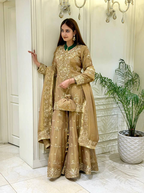 Gold Festive Silk Palazzo Suit Set ClothsVilla Main image
