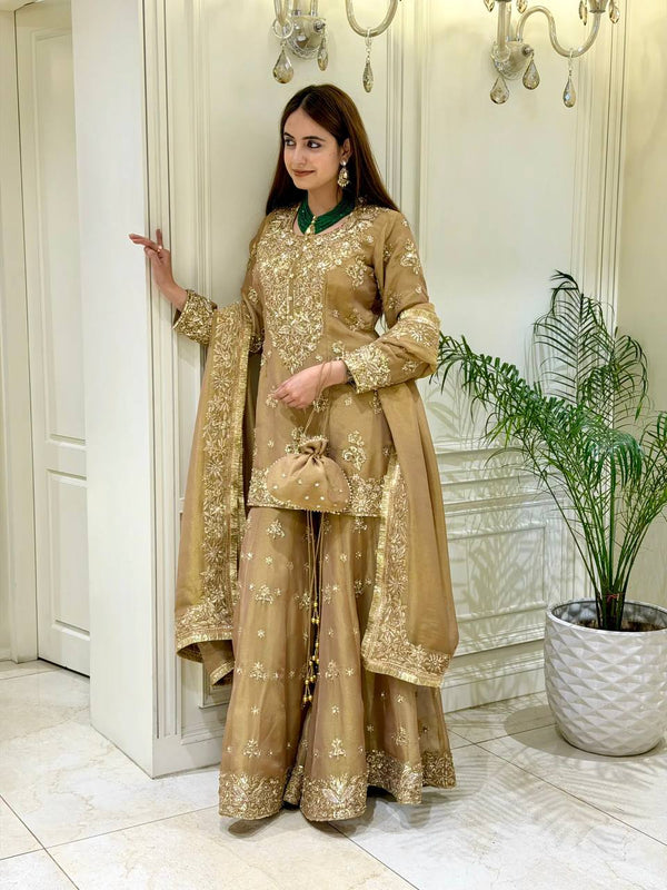 Gold Festive Silk Palazzo Suit Set ClothsVilla