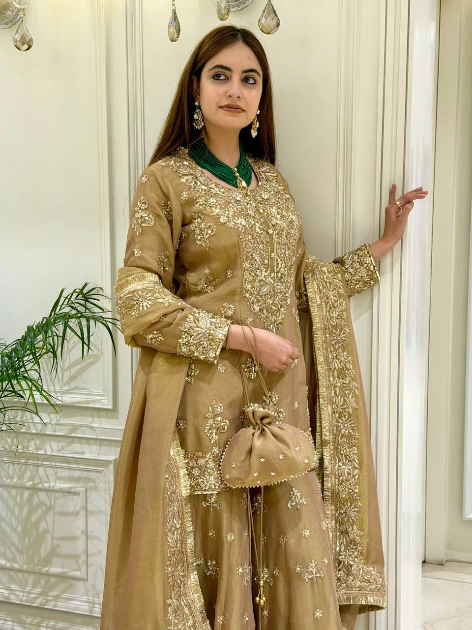 Gold Festive Silk Palazzo Suit Set ClothsVilla