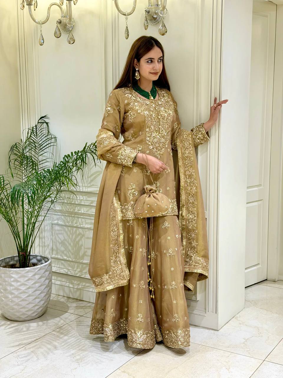 Gold Festive Silk Palazzo Suit Set ClothsVilla