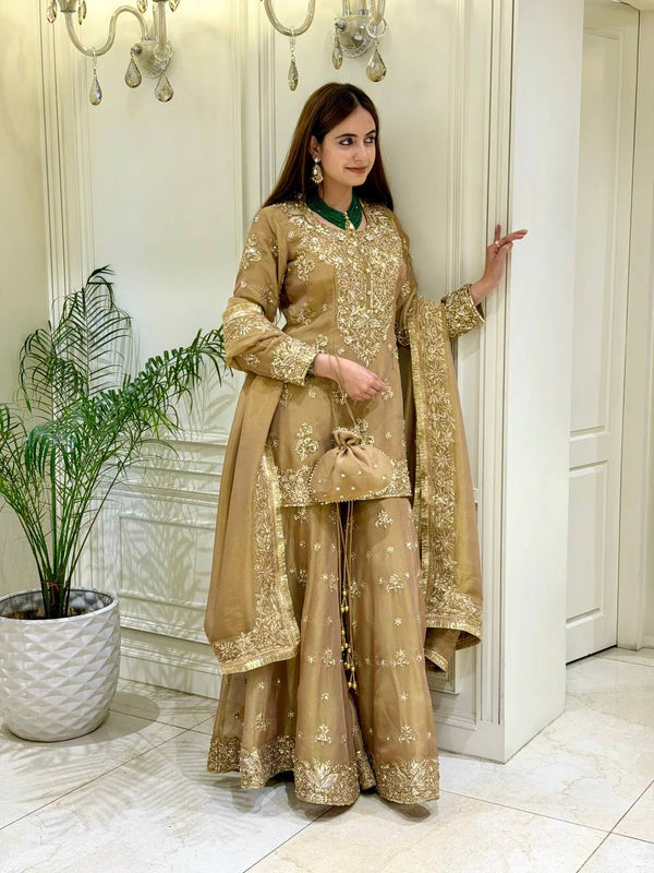 Gold Festive Silk Palazzo Suit Set ClothsVilla