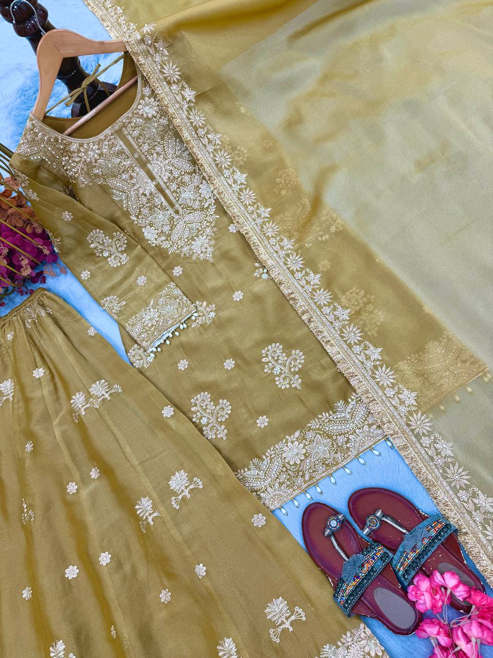 Gold Festive Silk Palazzo Suit Set ClothsVilla