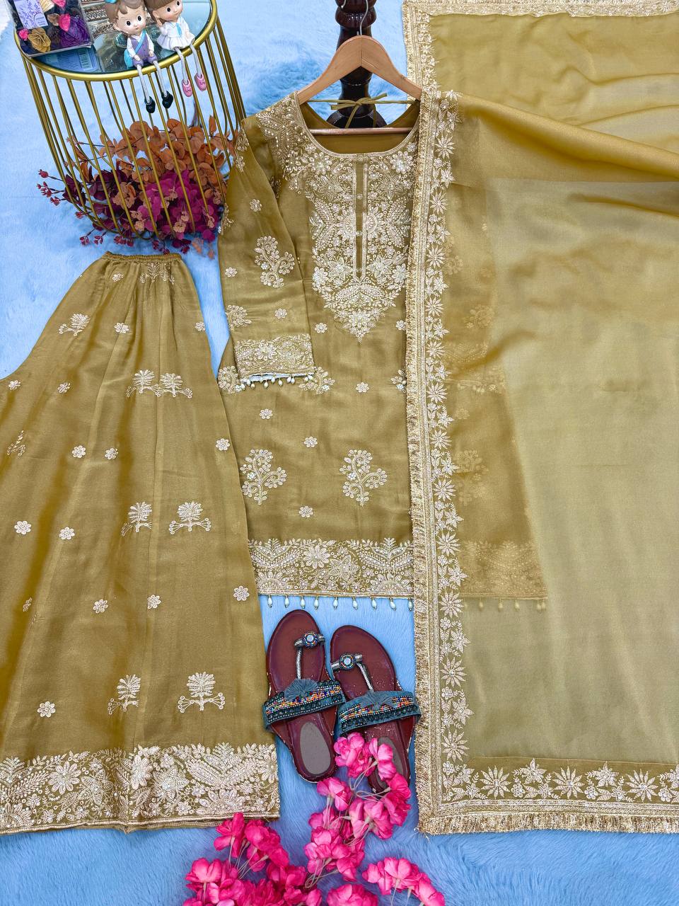 Gold Festive Silk Palazzo Suit Set ClothsVilla