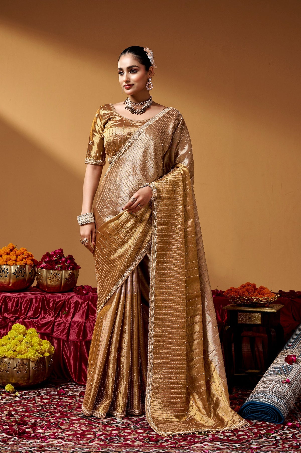 Gold Luxurious Kanjivaram Hand work Saree ClothsVilla