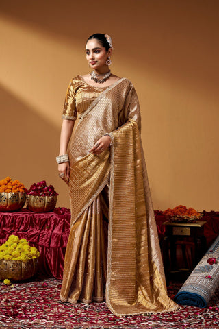 Gold Luxurious Kanjivaram Hand work Saree ClothsVilla