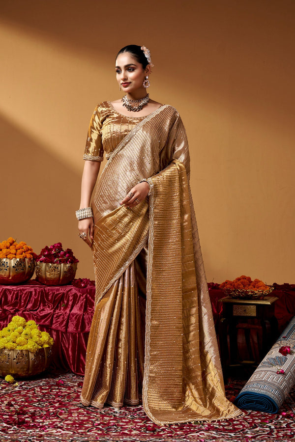 Gold Luxurious Kanjivaram Hand work Saree ClothsVilla