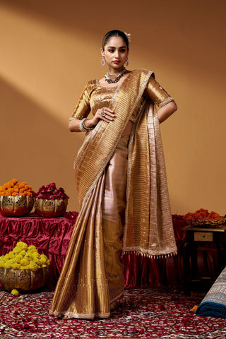 Gold Luxurious Kanjivaram Hand work Saree ClothsVilla