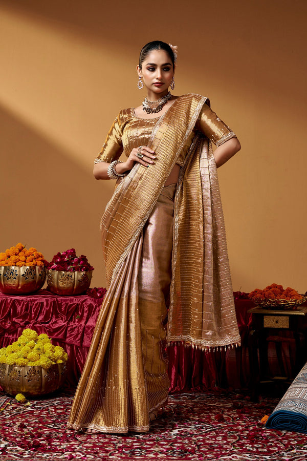 Gold Luxurious Kanjivaram Hand work Saree ClothsVilla