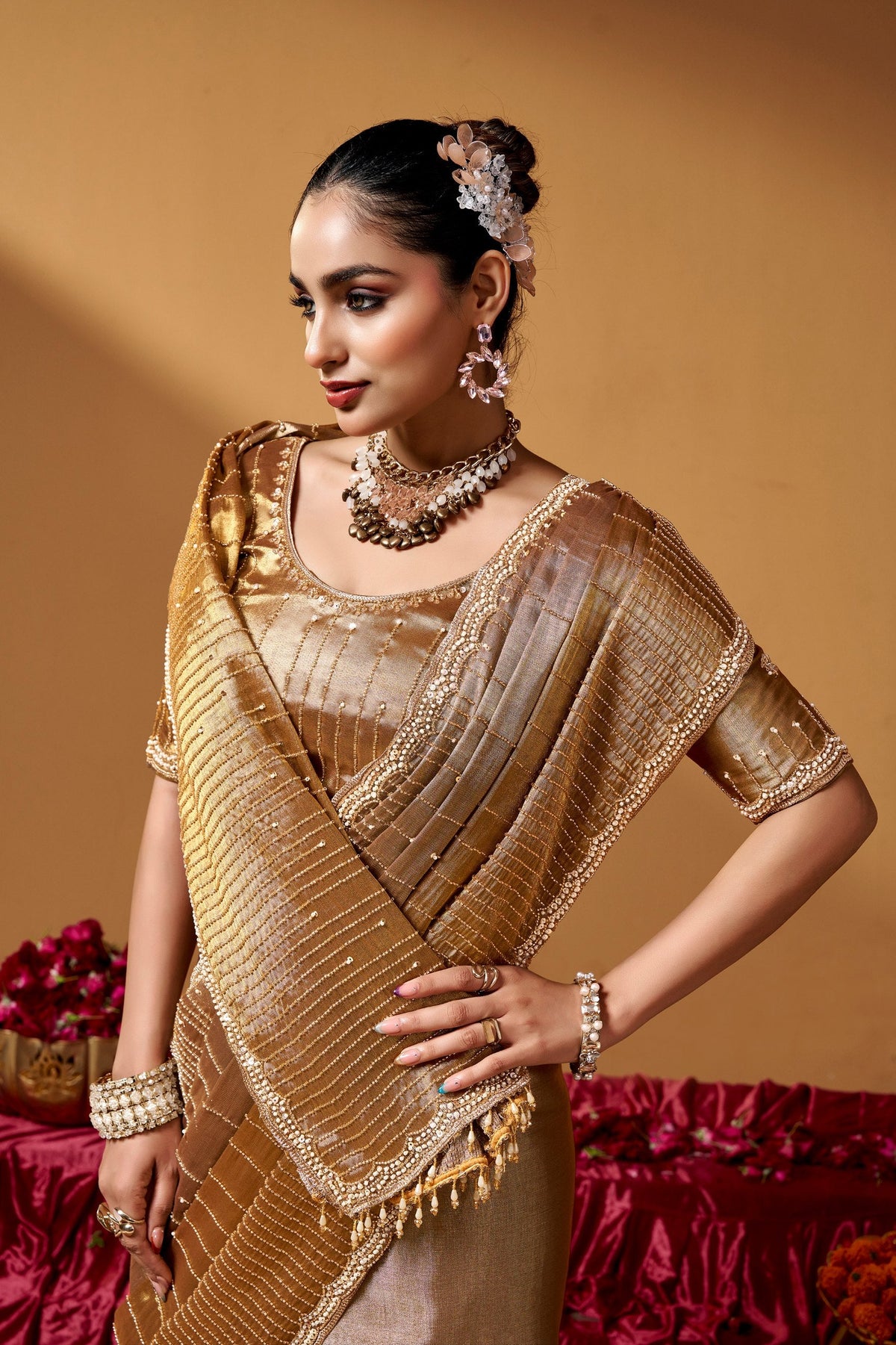 Gold Luxurious Kanjivaram Hand work Saree ClothsVilla