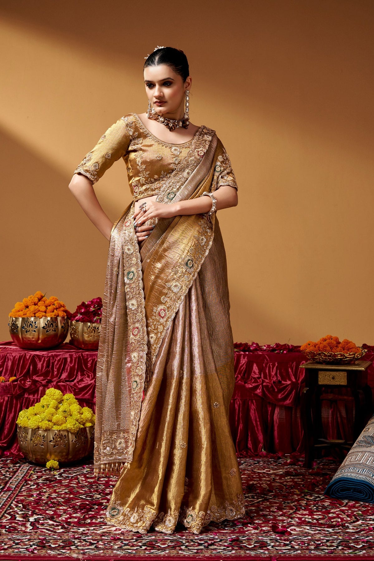 Gold Luxurious Tissue Hand work Saree ClothsVilla