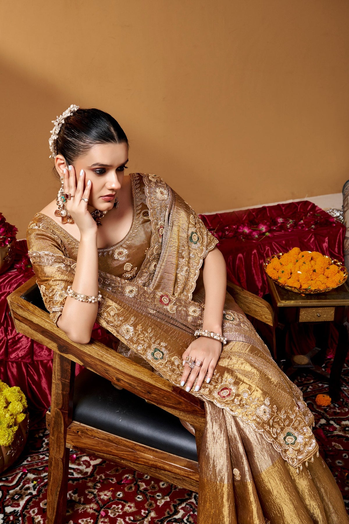 Gold Luxurious Tissue Hand work Saree ClothsVilla