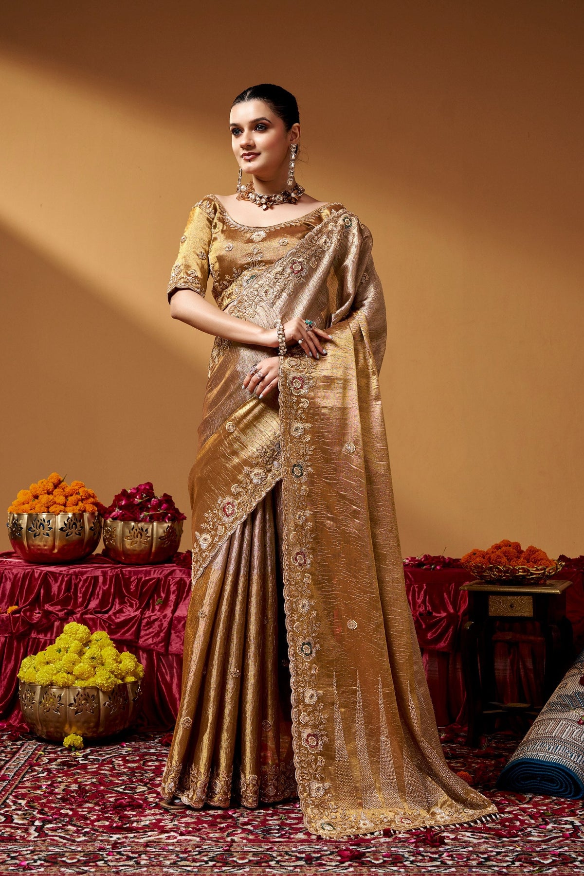Gold Luxurious Tissue Hand work Saree ClothsVilla