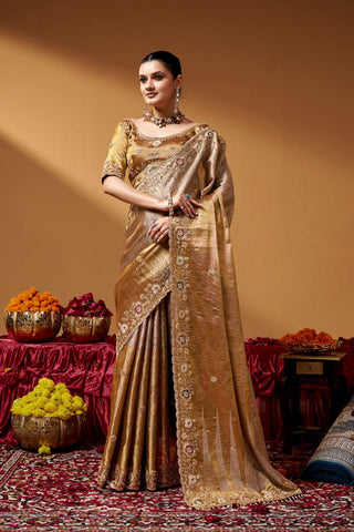 Gold Luxurious Tissue Hand work Saree ClothsVilla