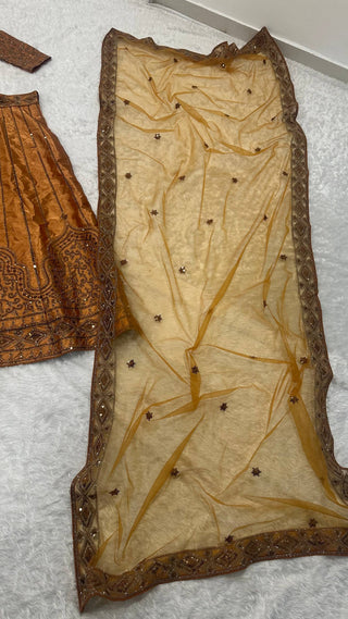 Gold Satin Sequins & Dori Work Lehenga ClothsVilla