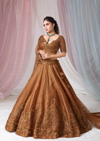 Gold Satin Sequins & Dori Work Lehenga ClothsVilla