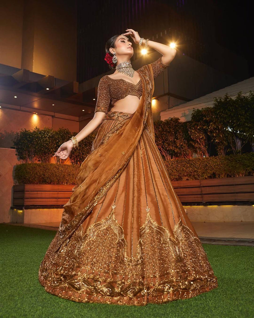 Gold Satin Sequins & Dori Work Lehenga ClothsVilla