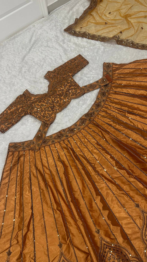 Gold Satin Sequins & Dori Work Lehenga ClothsVilla