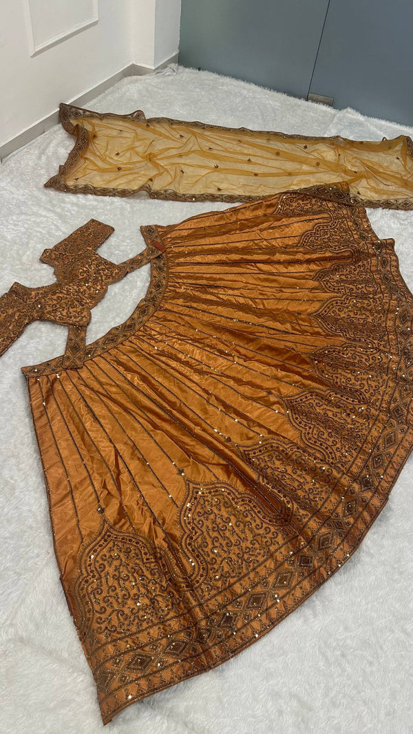 Gold Satin Sequins & Dori Work Lehenga ClothsVilla