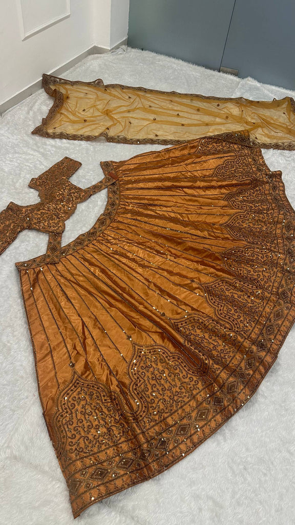 Gold Satin Sequins & Dori Work Lehenga ClothsVilla