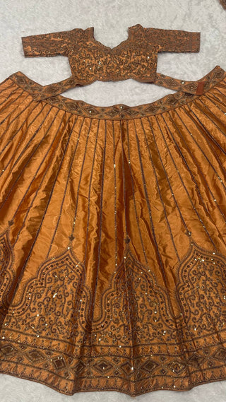 Gold Satin Sequins & Dori Work Lehenga ClothsVilla