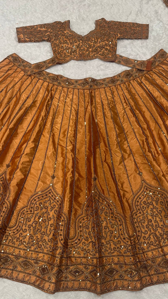 Gold Satin Sequins & Dori Work Lehenga ClothsVilla