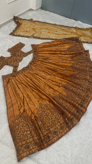 Gold Satin Sequins & Dori Work Lehenga ClothsVilla