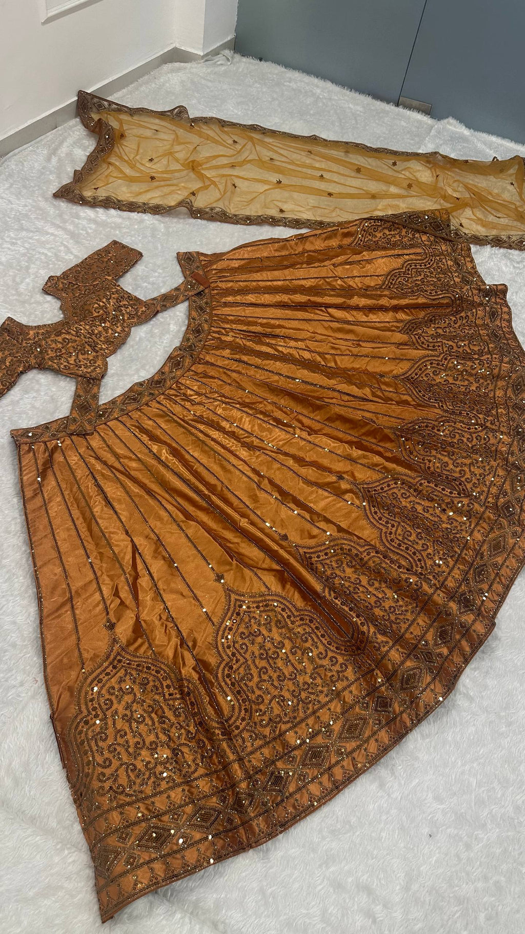 Gold Satin Sequins & Dori Work Lehenga ClothsVilla