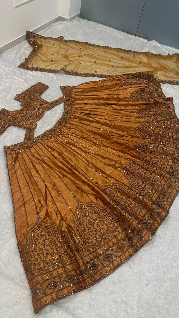 Gold Satin Sequins & Dori Work Lehenga ClothsVilla