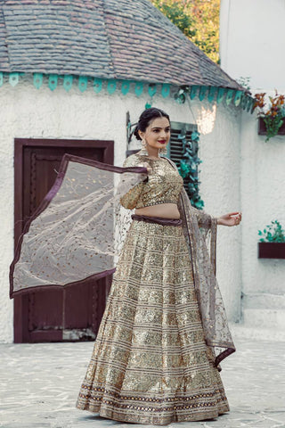 Gold Shimmering Faux Georgette Sequins Lehenga Set with Can-Can ClothsVilla