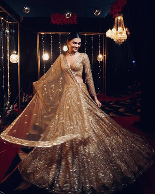 Gold Sparkling Kasturi Silk Georgette Lehenga Set with Sequins & Dori Work — Perfect for Weddings & Special Events ClothsVilla