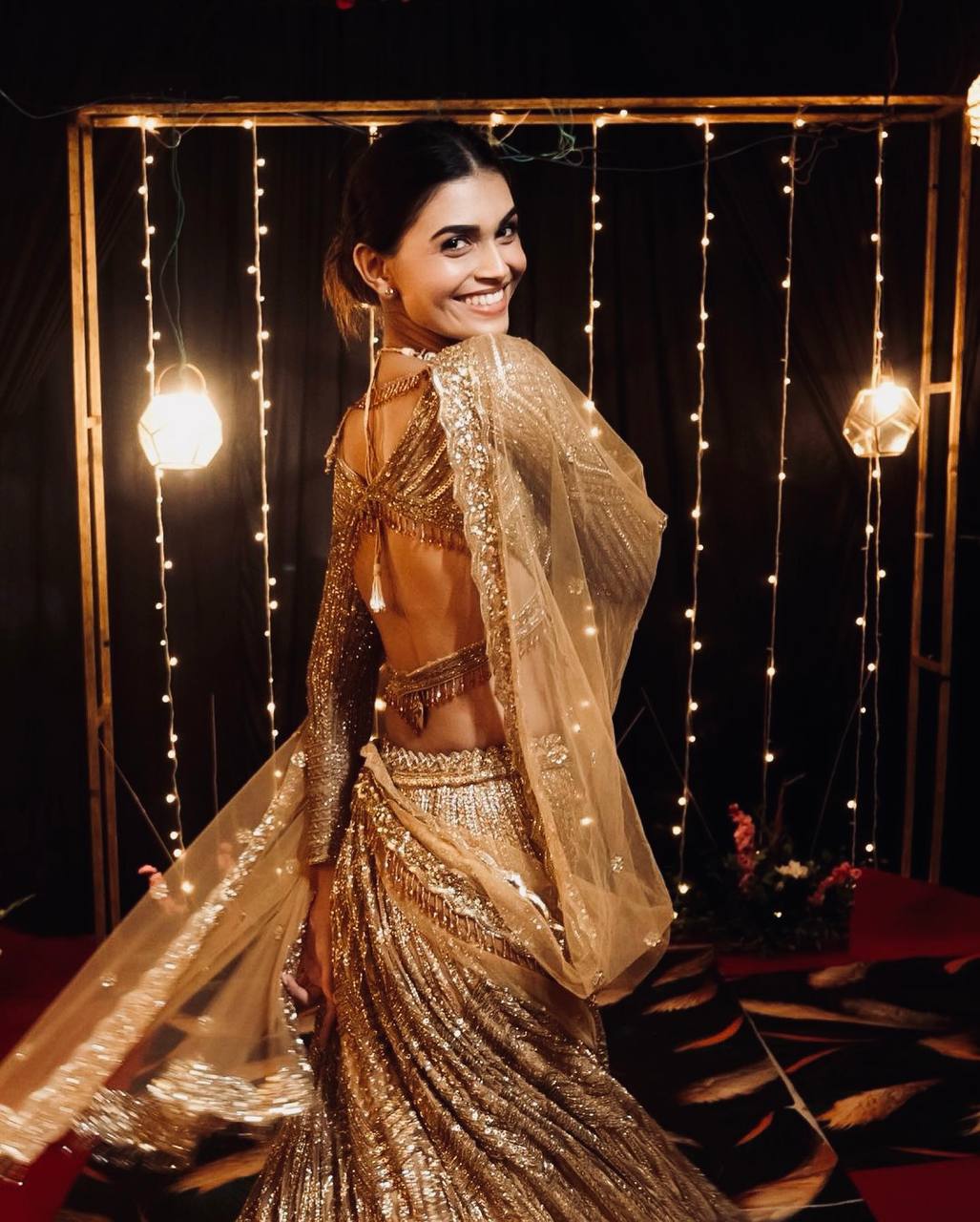 Gold Sparkling Kasturi Silk Georgette Lehenga Set with Sequins & Dori Work — Perfect for Weddings & Special Events ClothsVilla