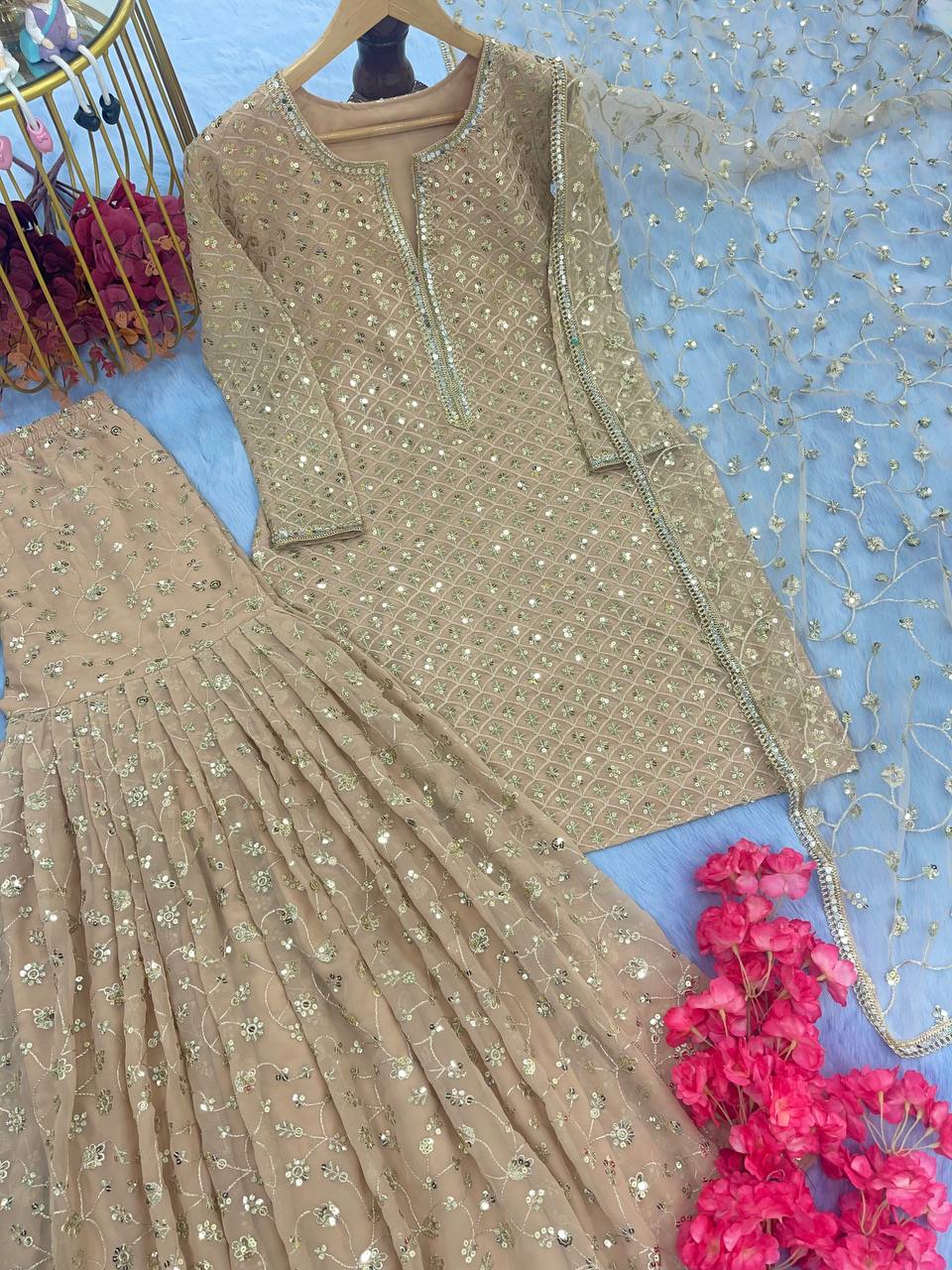 Golden Designer Party Wear Top, Sharara Palazzo & Dupatta Set with Mirror Handwork Clothsvilla