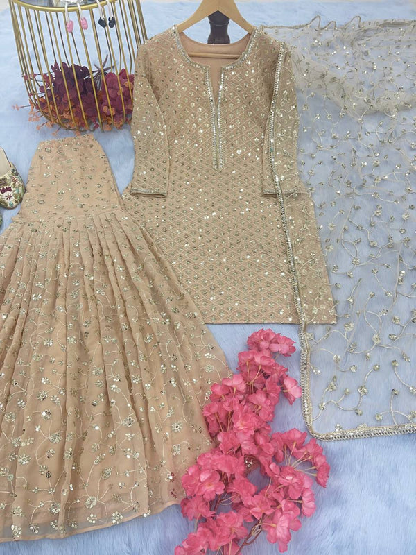 Golden Designer Party Wear Top, Sharara Palazzo & Dupatta Set with Mirror Handwork Clothsvilla