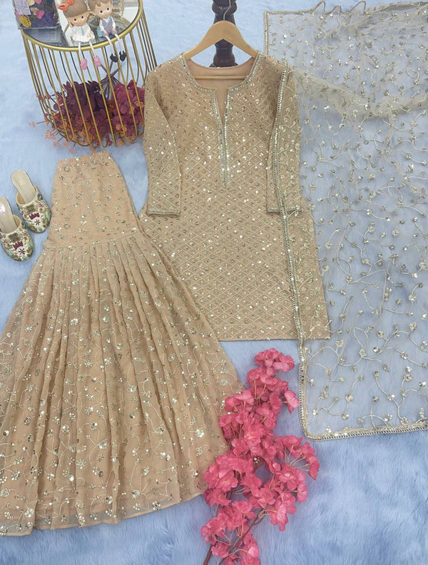 Golden Designer Party Wear Top, Sharara Palazzo & Dupatta Set with Mirror Handwork Clothsvilla