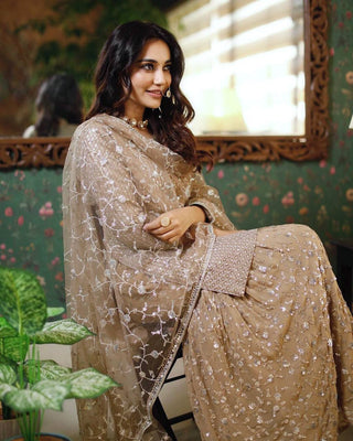 Golden Designer Party Wear Top, Sharara Palazzo & Dupatta Set with Mirror Handwork Clothsvilla