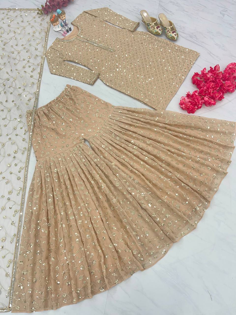 Golden Designer Party Wear Top, Sharara Palazzo & Dupatta Set with Mirror Handwork Clothsvilla