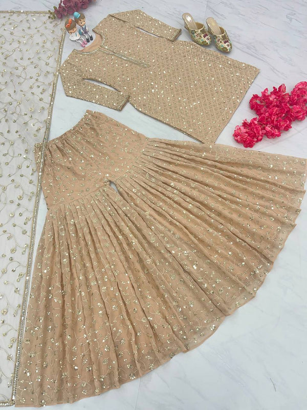 Golden Designer Party Wear Top, Sharara Palazzo & Dupatta Set with Mirror Handwork Clothsvilla