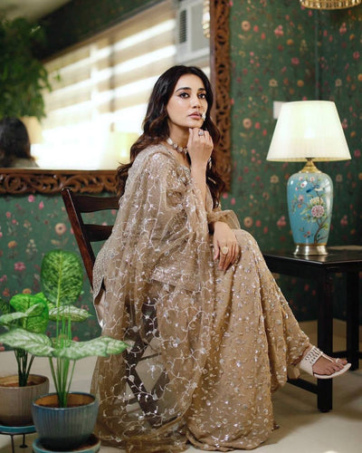 Golden Designer Party Wear Top, Sharara Palazzo & Dupatta Set with Mirror Handwork Clothsvilla