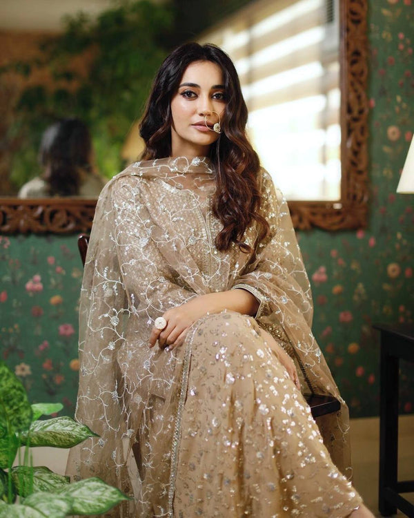 Golden Designer Party Wear Top, Sharara Palazzo & Dupatta Set with Mirror Handwork Clothsvilla