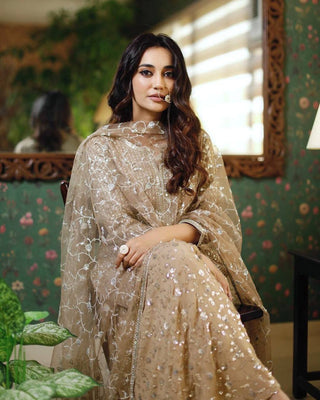 Golden Designer Party Wear Top, Sharara Palazzo & Dupatta Set with Mirror Handwork Clothsvilla