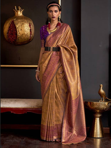 Golden Elegant Banarasi Silk Blend Woven Saree with Tassel Detailing ClothsVilla